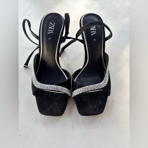 Zara Black Rhinestone Strap Suede Heeled Sandals